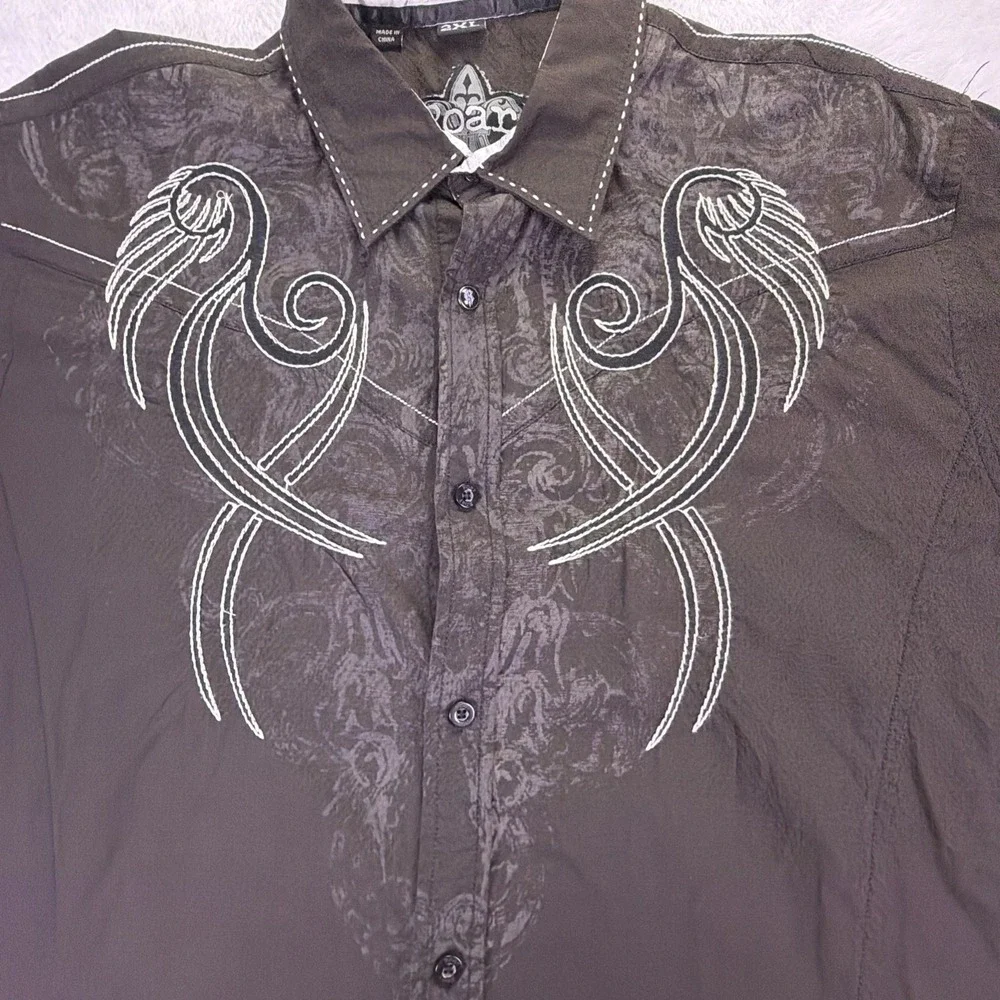 Roar Embroidered Dress Shirt Men's 2XL Black Western Grunge Festival Classic